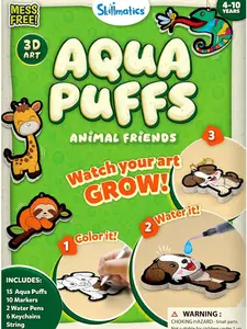 Skillmatics Aqua Puffs 3D Art Kit for Girls & Boys Ages 4-10 - 15 Aqua Puffs, 10 Markers, 2 Water Pens, 6 Keychains, String, Magical Craft Activity, Travel Toys, DIY Decor