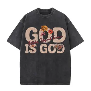 Vintage Washed Black Floral Grunge Streetwear T-Shirt with "God Is God Yesterday Today & Tomorrow" Quote, Oversized Retro Christian Aesthetic Unisex Tee