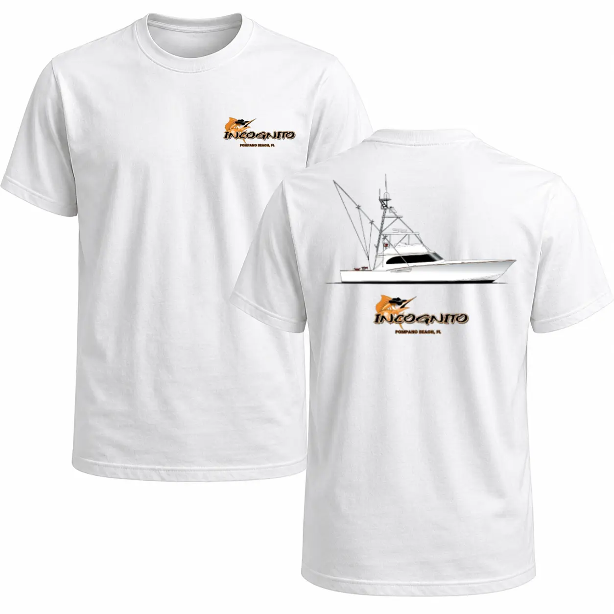Incognito Sportfishing Men's Shirts – Pompano Beach Boat Graphic Shirt, Front and Back Print Cotton Menswear Tee Tops Unisex Tshirt