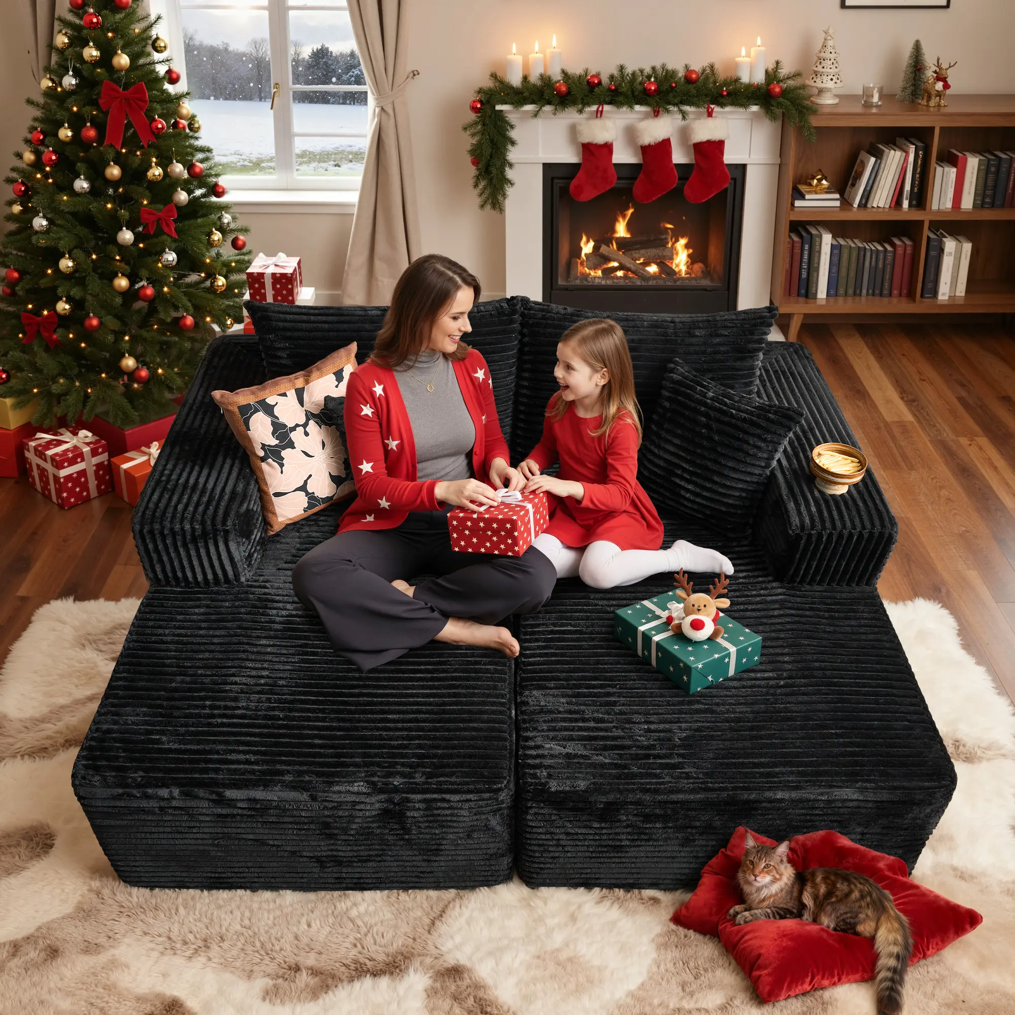 Double Chaise| Black Plush Corduroy