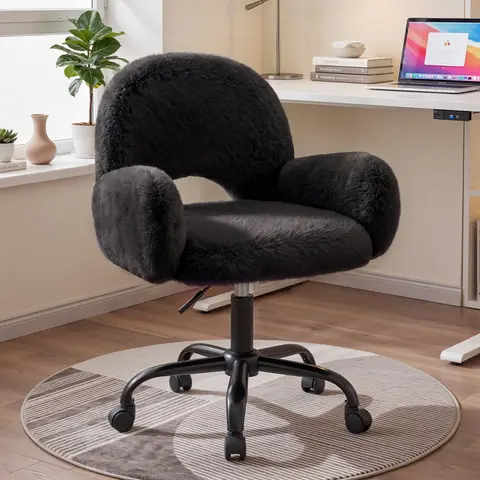 Raybee Faux Rabbit Fur Vanity Chair - Office Furniture, Study Furniture, Modern Decorative Chair with Back, Attached Arms, With Wheel, Smooth Quiet Casters, Gas Lift Height Adjustment for Makeup Room, Home Office