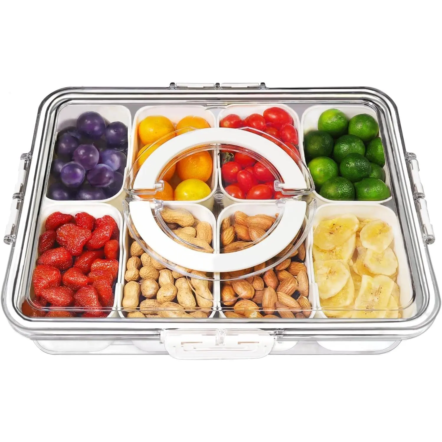 Divided Serving Tray with Handle, 8 Compartment Snackle Box Container, Travel Charcuterie Board with Lid for Kids and Adults, Snack Tray
