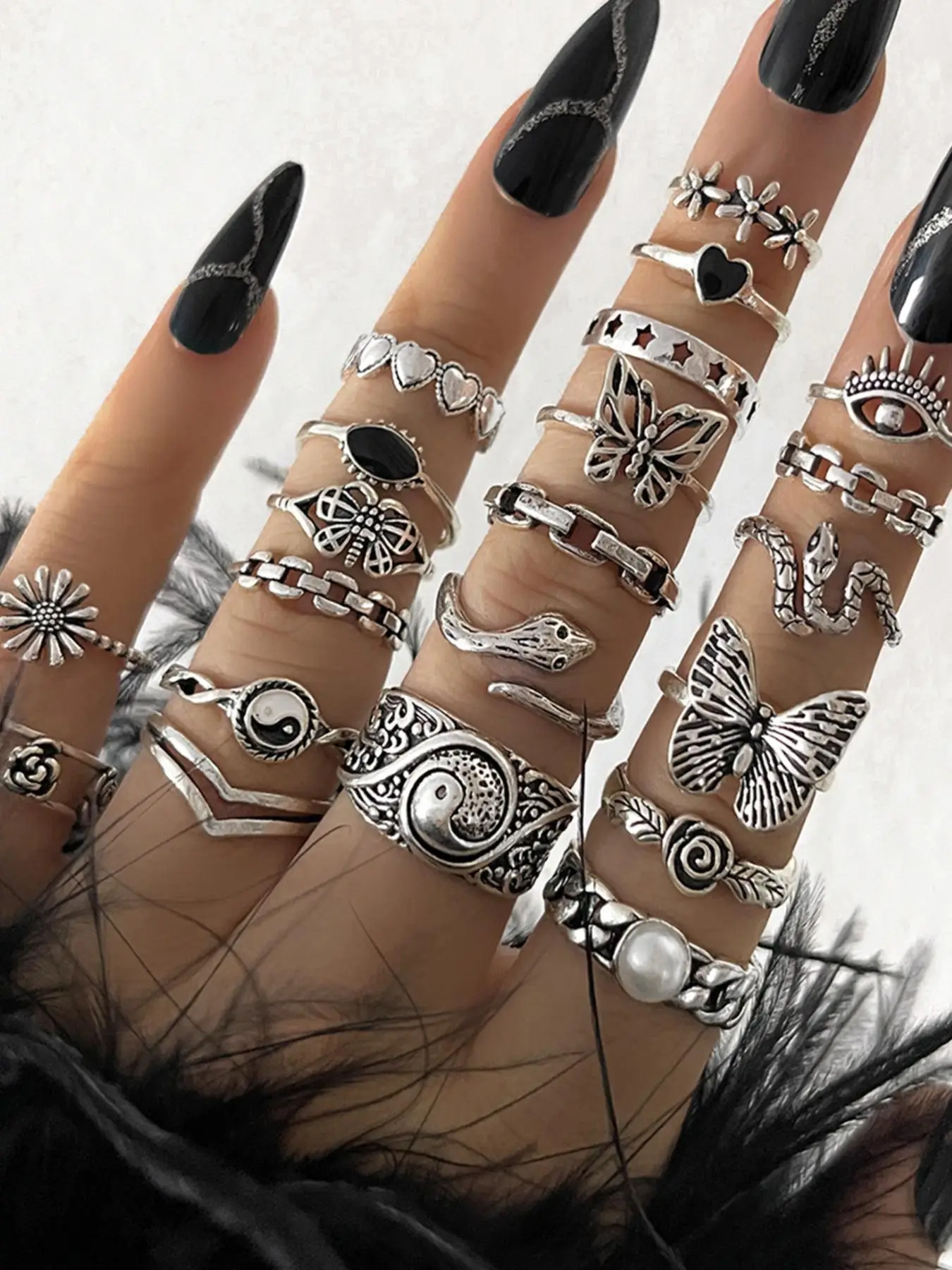 Fashion Vintage Ring Set for Birthday Gift, Including Butterfly & Heart & Snake & Eye & Chain & Faux Pearl Decor, 21 Pcs Casual Jewelry for Women & Gi