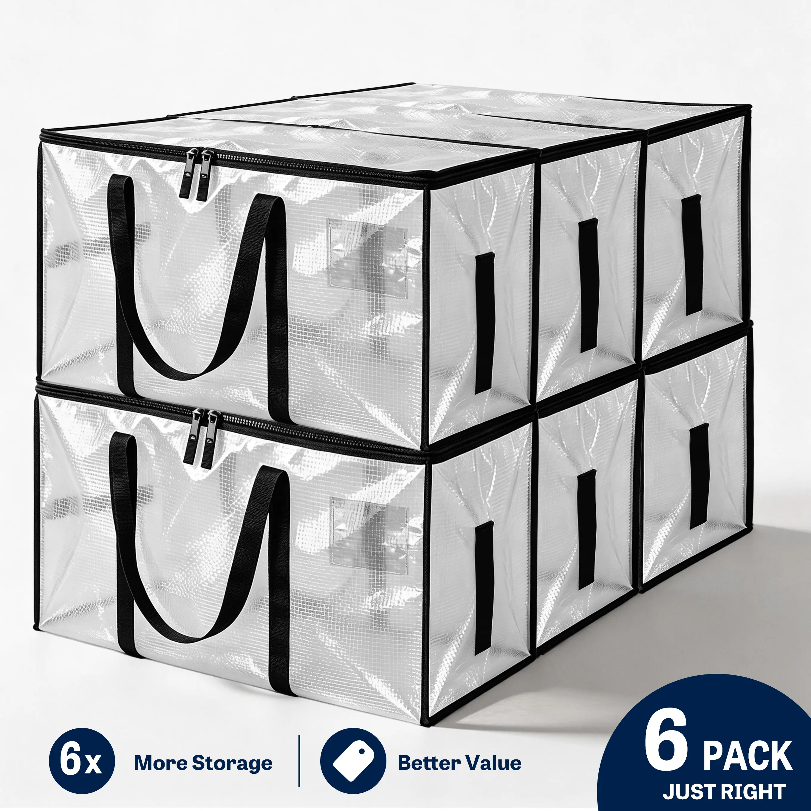 6 Pack Extra Large Moving Bags with Handles & Zippers, Heavy-Duty Water-Resistant Foldable Storage Totes for College Dorm, Clothes & Home Organization