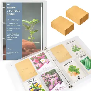 Seed Packet Organizer Kit - 100Pcs Seed Saving Envelopes, 25Pack Clear Sleeves (4 Pockets Each, Slot Size 3.9" x 5.2"), Fit for Standard Seed Packets, and 1x 4-Ring Binder Included-Blue