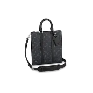 Louis Vuitton Sac Plat Crossbody Bag for Women, Durable Leather-Style Luxe Minimal Strap-Based Women's Handbags, Coated Canvas with Leather Trim, Detachable Adjustable Strap, Black Sheet Music Style, Durable Women's Handbags