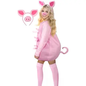 Adult Pig Costume for Women with Pink Pig Ears and Nose Halloween Christmas Cuddly Animal Costumes