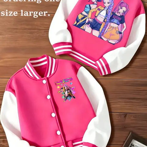 Girls' Short Baseball Jacket, Fun Cartoon Girl Pattern, Playful Prints, Elastic Fabric, Preppy Style, Fall & Winter Outerwear, Casual Cute Outerwear, Kids' Sports Clothing