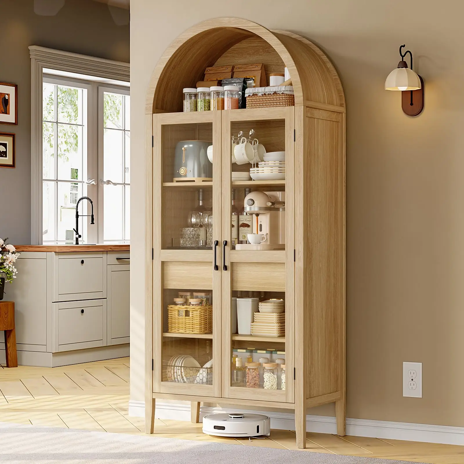 【FallDealsForYou】ONBRILL 71" Tall Arched Cabinet, 5-Tier Arched Kitchen Pantry with Glass Doors & Drawer, Modern Display Pantry Cabinets with Adjustab