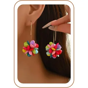Colorful Beaded Earrings For Women, Iridescent Rainbow Y2K Cute Flower Floral Vintage Fashion Boho Western Ball Dangle Earring Waterproof Hypoallergenic Statement Trendy 2025 Jewelry Gift