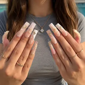 AVIARA Long Square Curved 10pcs 3D  Handmade Acrylic Press On Nails Luxious Salon Quality Fake Nail detachable aqua nails