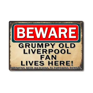 Liverpool Gifts Metal Tin Sign, 8x12In Vintage Beware Grumpy Old Liverpool Fan Lives Here Football Club Present for Wall Art Home Room Bedroom Bar Pub Decor for Men Women Boys Fans Cave Poster Plaques