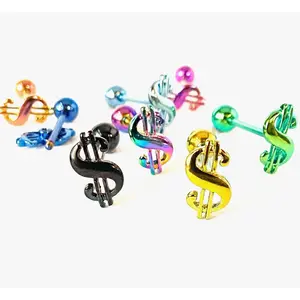 1pc Money $ Dollar Sign Design Tongue Ring Titanium Anodized 14g Tounge Barbell