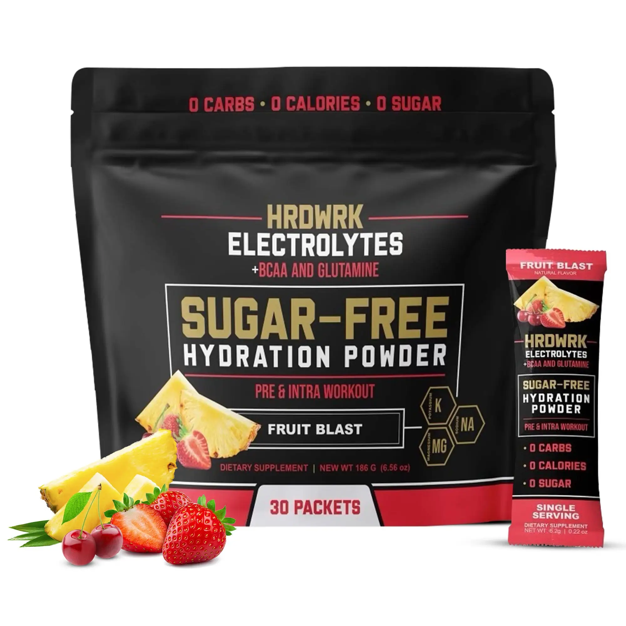 HRDWRK Electrolyte Powder with Magnesium, Potassium, Sodium & BCAAs for Keto Hydration – 30 Sugar-Free Packets with Glutamine