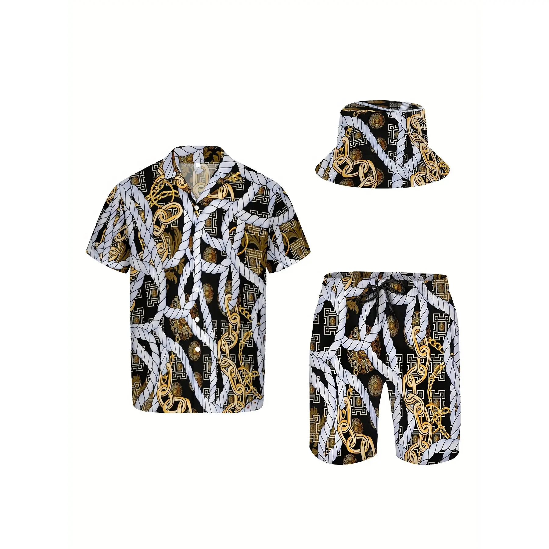 Men's 3-Piece Hawaiian Set - Casual Baroque Golden Chain Print Shirt, Shorts, and Matching Bucket Hat, Soft Breathable Fabric, Menswear, Baroque Print, Blouse/Shirt, Polyester, Clothes, Collared Neck, Tropical, Shortsleeve, Machine Wash Casual Matching Se