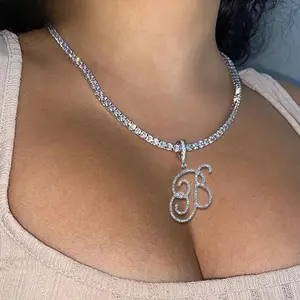 Flatfoosie Fashion A-Z Cursive Letter Crystal Chain Necklace For Women Bling Iced Out Initial Pendant Necklace Hip Hop Jewelry