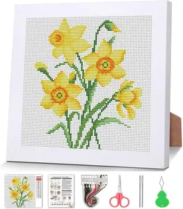 Daffodil Cross Stitch Kits for Beginners,Flowers Stamped Cross Stitch for Adults with Framed,Crafts for Girls 8-12 Embroidery Kit Partial 11CT Cross-Stitch Arts and Crafts for Adults 7.9x7.9inch