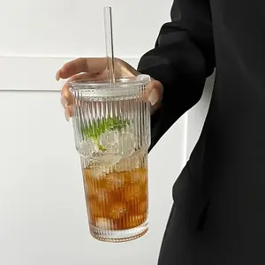 A glass cup consisting of striped glass cup+straw+lid, visually appealing glass water cup, suitable for coffee, tea, whiskey, milk, iced American and latte drinks, durable and reusable drinking glass cup, Clear Glass Cup, Thickened Glass Cups