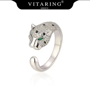 VITARING Women's Adjustable Open Ring Leopard Head Design Platinum Plated Copper with Cubic Zirconia Fashion Jewelry Gift