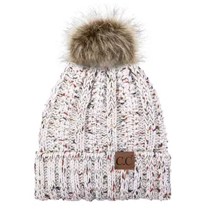 Thick Cable Knit Fleece Lining Beanie with Faux Fur Pom Pom - C.C Winter Warm Hat Confetti YJ820