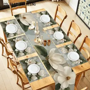 2D flat printing, 5/7 pieces white magnolia table flag placemat set - elegant rectangular dining table decoration, suitable for holiday parties, weddings, dinner, and daily dining - home celebration matching table layout