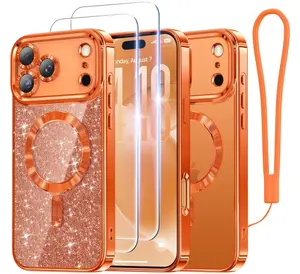 Meifigno Designed for iPhone 17 Pro Max Case 6.9", [Glitter Card & Wrist Strap] [Compatible with MagSafe] [2X HD Screen Protectors] Surround Raised Lens Protection for 17 ProMax Case, Cosmic Orange