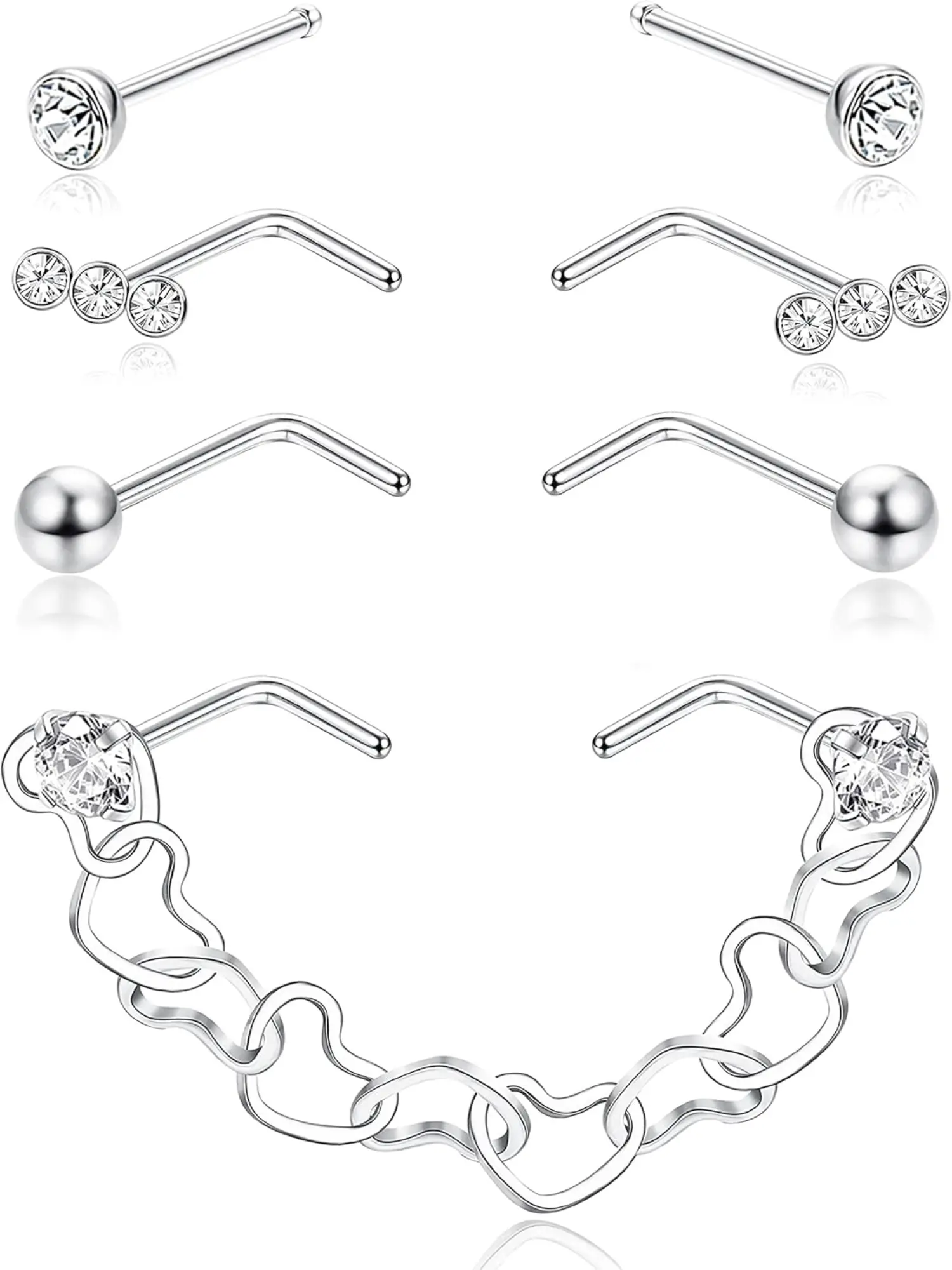 9 Pcs Nose Chain Nose Ring Nostril Piercing Chain Double Nose Ring Chain 316L Stainless Steel Nose Rings L Shaped and Heart Nose Chain 4.2CM Nose Piercing Chain Nostril Piercing Jewelry Silver Nose Studs