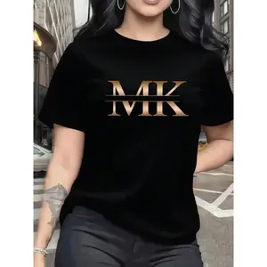 Elegant 100 Percent Cotton Women's Short Sleeve Graphic T Shirt Stylish Gold MK Casual Daily Wear Top