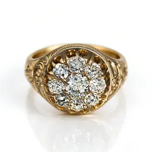 Victorian-style Old Mine Cut Cubic Zirconia Cluster Ring, 18K Gold-Plated Vintage-Engraved Ring, Eye-Catching Vintage-Style Jewelry