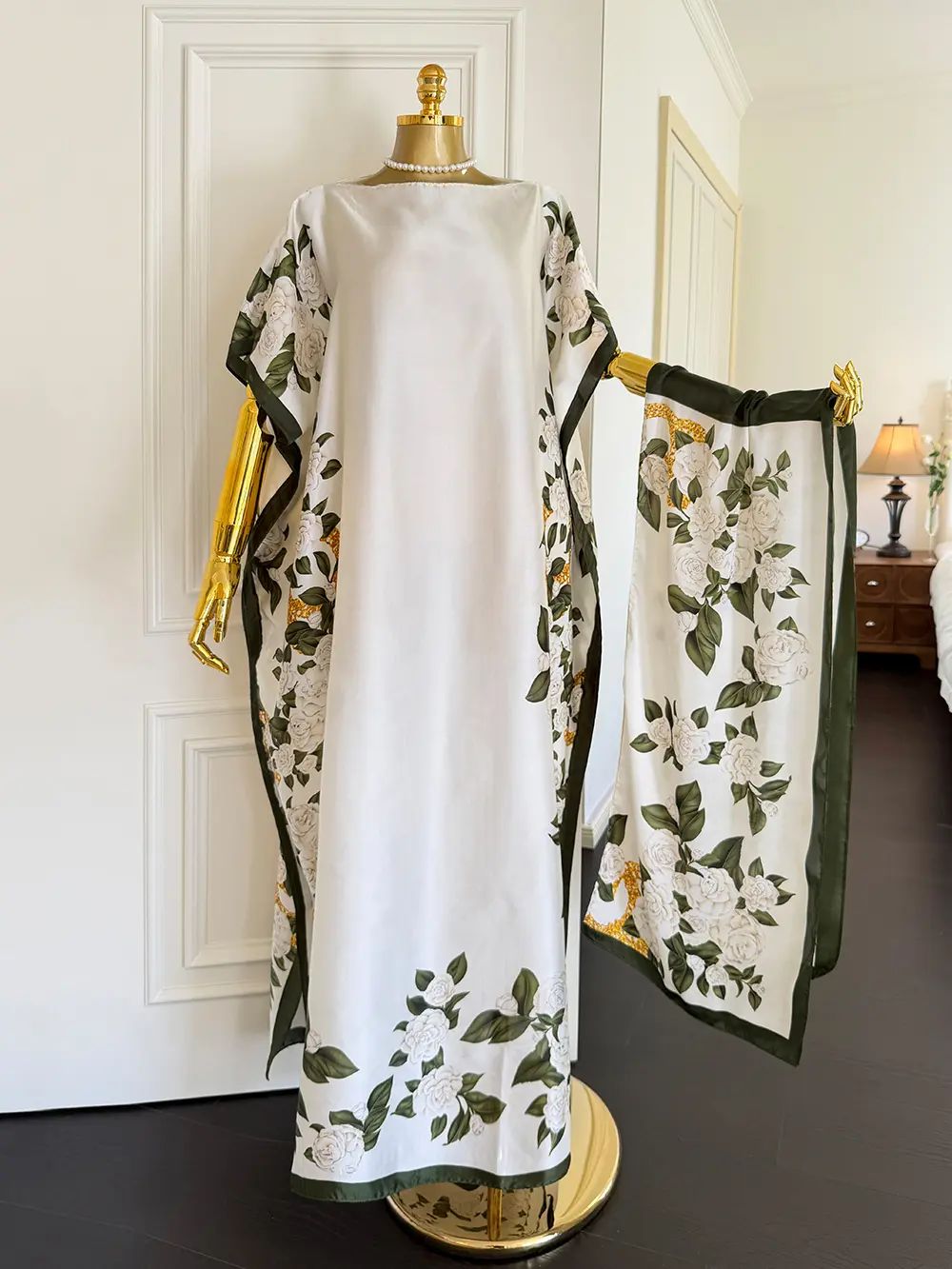 Moomoo Women's 2 Piece Sets, Bohemian Peacock & Plants Satin Cape Robe with Scarf, Plus Size Friendly Maxi Cover Up for Resort, Hand Wash
