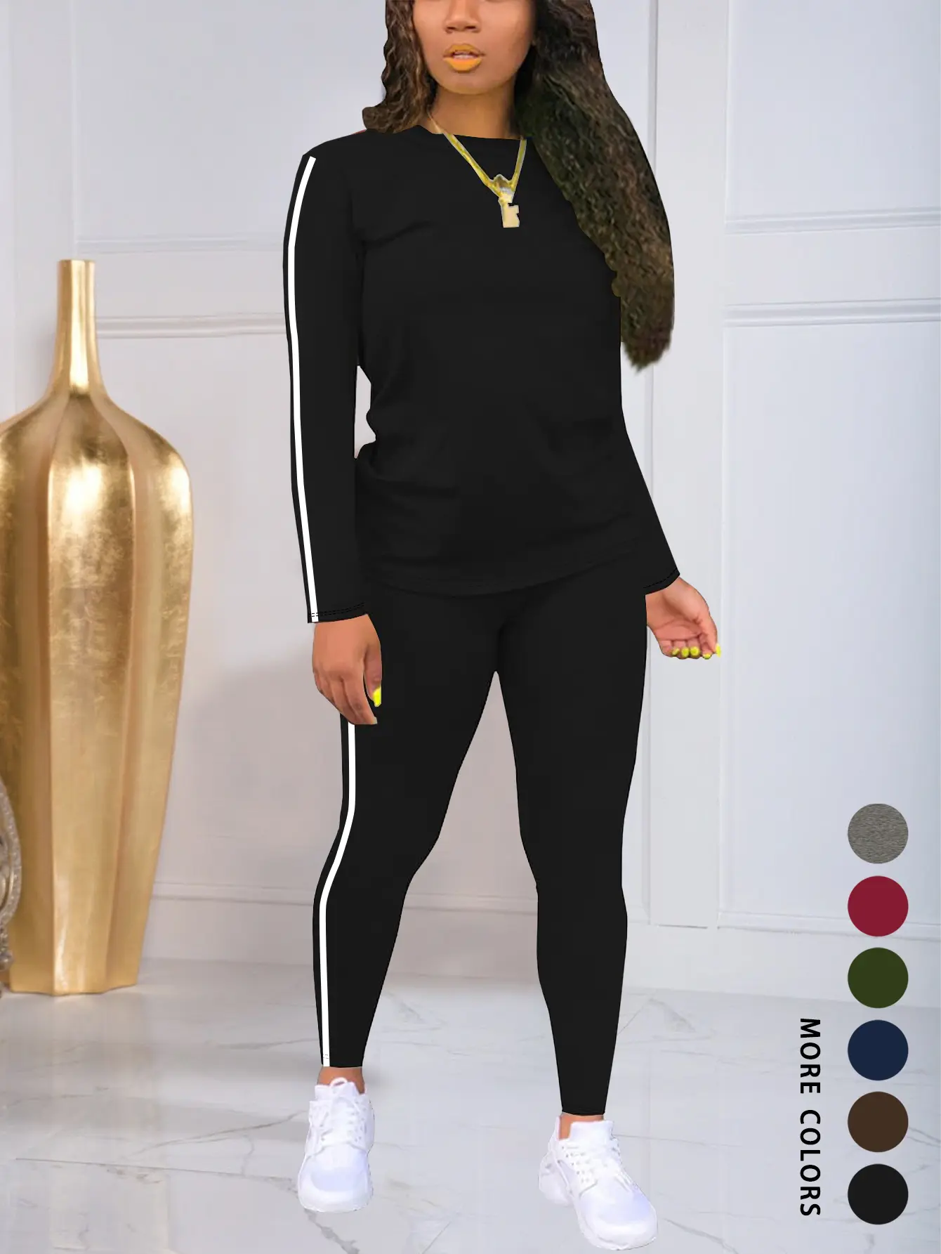 Women's 2-Piece Loose Athleisure Outerwear Set - Long-Sleeve Striped & Solid Tracksuit, Comfortable Sport-Casual Outfit for Spring