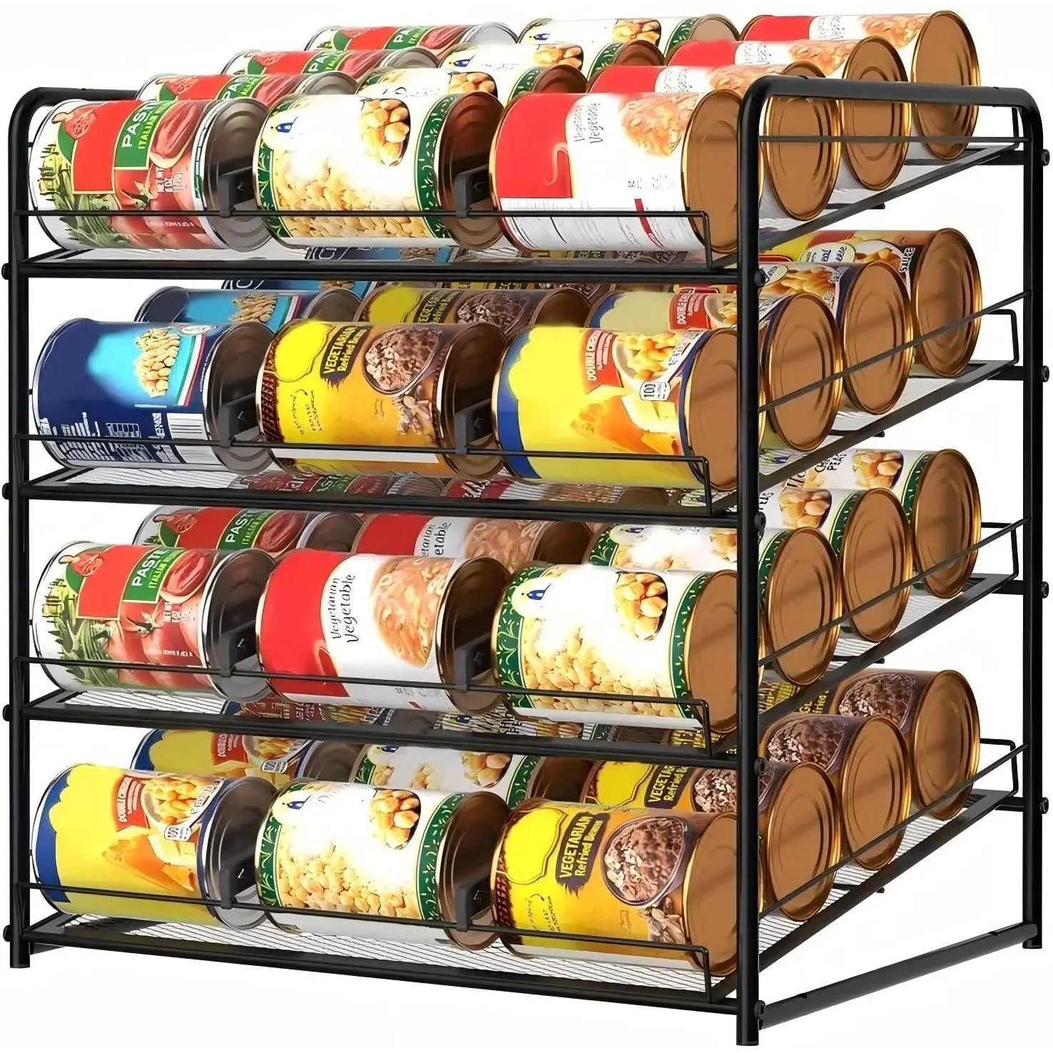 4-Layer Metal Tin Rack Organizer, Stackable Black Wire Adjustable Standing Shelf, Space-Saving Kitchen/Pantry Storage Unit for Canned Goods, 10-15 Kg Capacity