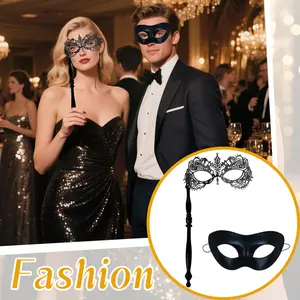 2pcs Couple Venetian Metal Masquerade Mask with Grip Stick for Carnival Costumes