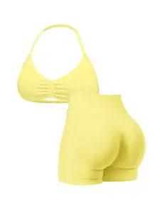New Women's Seamless Knitted Sport Set, Halter Sports Bra, Three-Section High Waist Shorts, Open Back Design, Ideal for Yoga and Gym, Seamless Yoga Sportswear