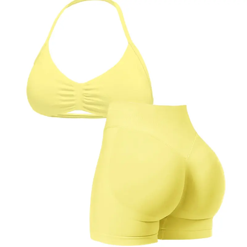 New Women's Seamless Knitted Sport Set, Seamless Workout Sets, Halter Sports Bra, Three-Section High Waist Shorts, Open Back Design, Ideal for Yoga and Gym, Seamless Yoga Sportswear, Workout Sportswear Activewear