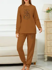 Women's Winter Warm Lamb Wool Set, Graffiti Print Casual Tracksuit, Fitted Long Sleeve Top & Pants, Comfortable and Stylish