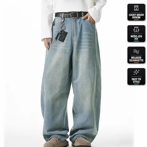 Men's Beige Wide Leg Jeans, BF Loose Fit Hip Hop Streetwear, Ankle Length Denim with Pockets, Baggy Pants, Long, Streetwear Clothing, Men’s Clothes, Below The Ankle