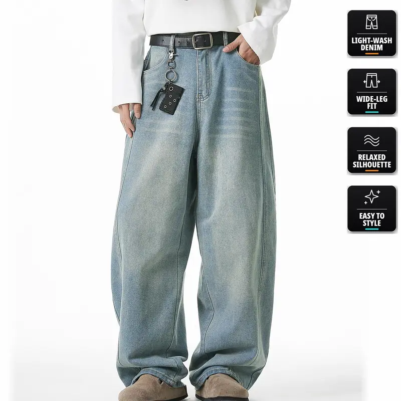 Men's Beige Wide Leg Jeans, BF Loose Fit Hip Hop Streetwear, Ankle Length Denim with Pockets, Baggy Pants, Long, Streetwear Clothing, Men’s Clothes, Below The Ankle