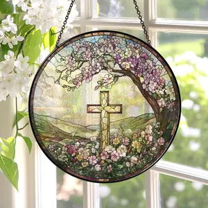 Cross And Wild Flower STAINED SUNCATCHER, Christian Cross Windows Hanging, Flower Cross Gift For Religious, Christian Faith Home Decor