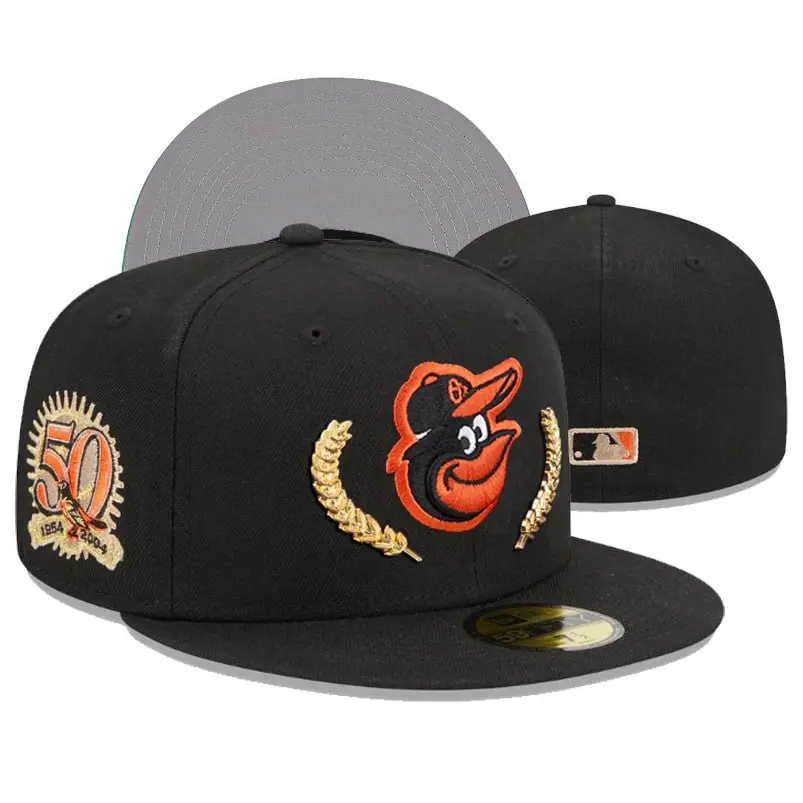 New Era Baltimore Orioles 59FIFTY Fitted Cap – Black MLB Baseball Hat with 50th Anniversary Side Patch.