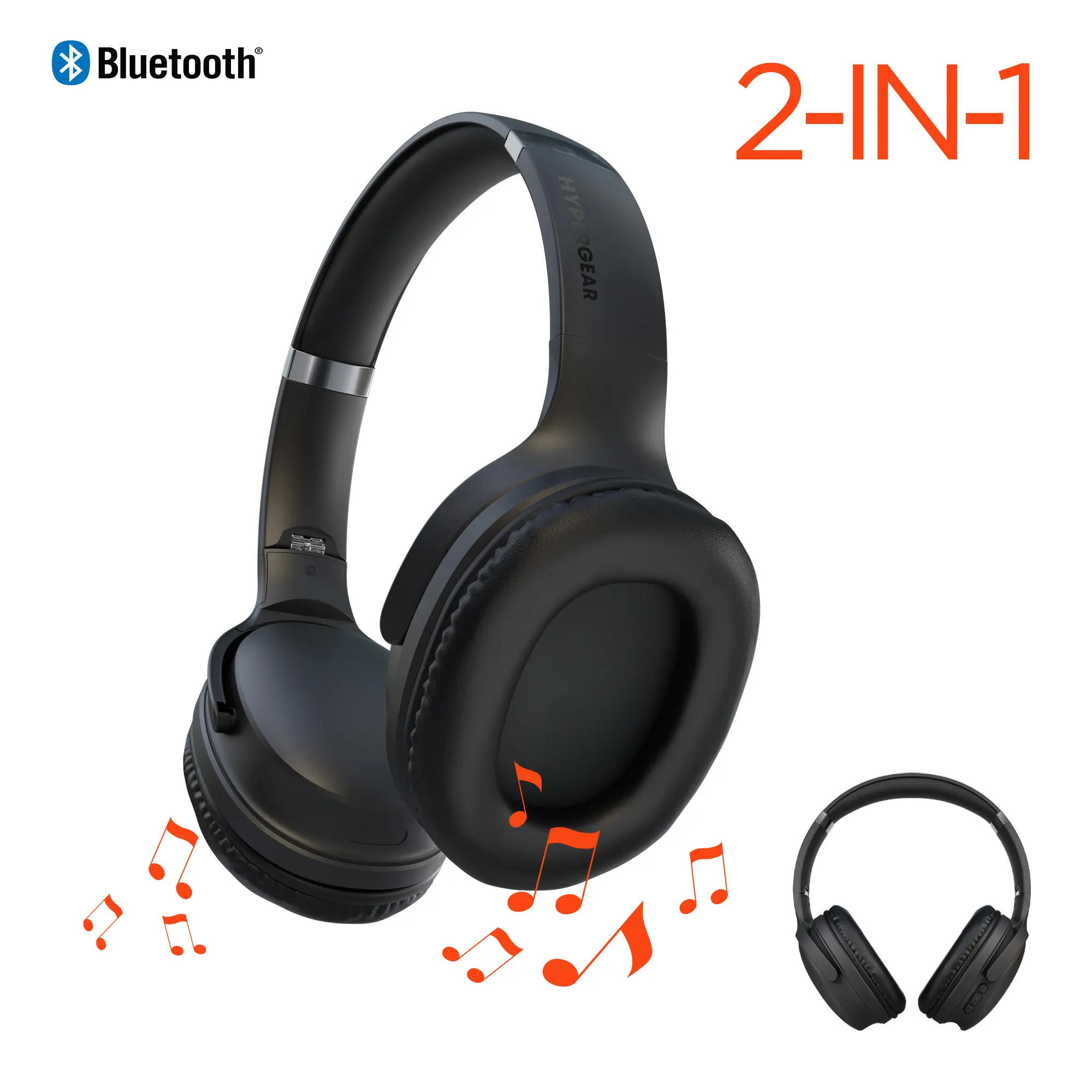 HyperGear Wireless Bluetooth Headphones - Foldable Dual Earphones, Flip Ear Cups Between Speaker and Headphone Mode for Comfort & Clear Sound, Black