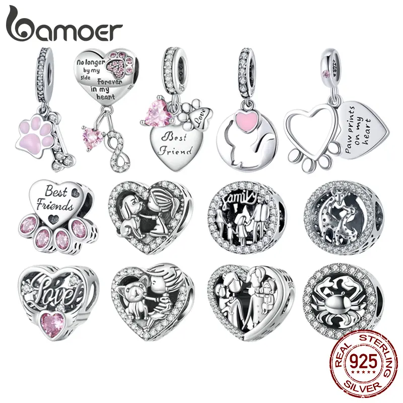 925 Sterling Silver Pink Zircon Pet Paw Pendant Charms Heart Shape Dog Beads for Women Bracelet and Necklace DIY SCC2434