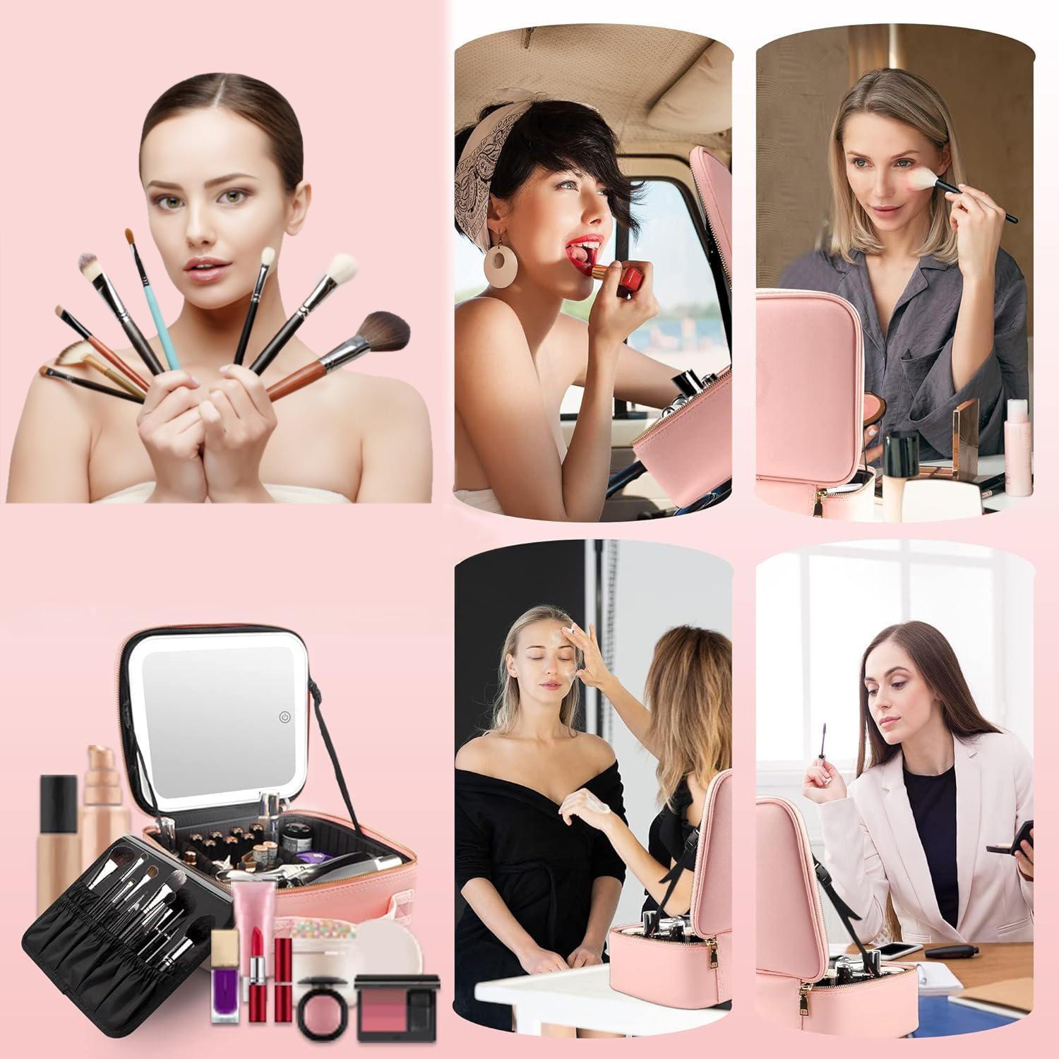 Portable Makeup Train Case with Mirror, Light & Adjustable Dividers | Cosmetic Organizer for Travel and Artists