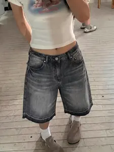 Y2K Streetwear Loose Fit Denim Bermuda Shorts, Grunge Denim Shorts, Cotton Slant Pocket Design, Summer Casual Wear, Trendy Wide Leg Denim Jeans for All Seasons, Bottom, Womenswear