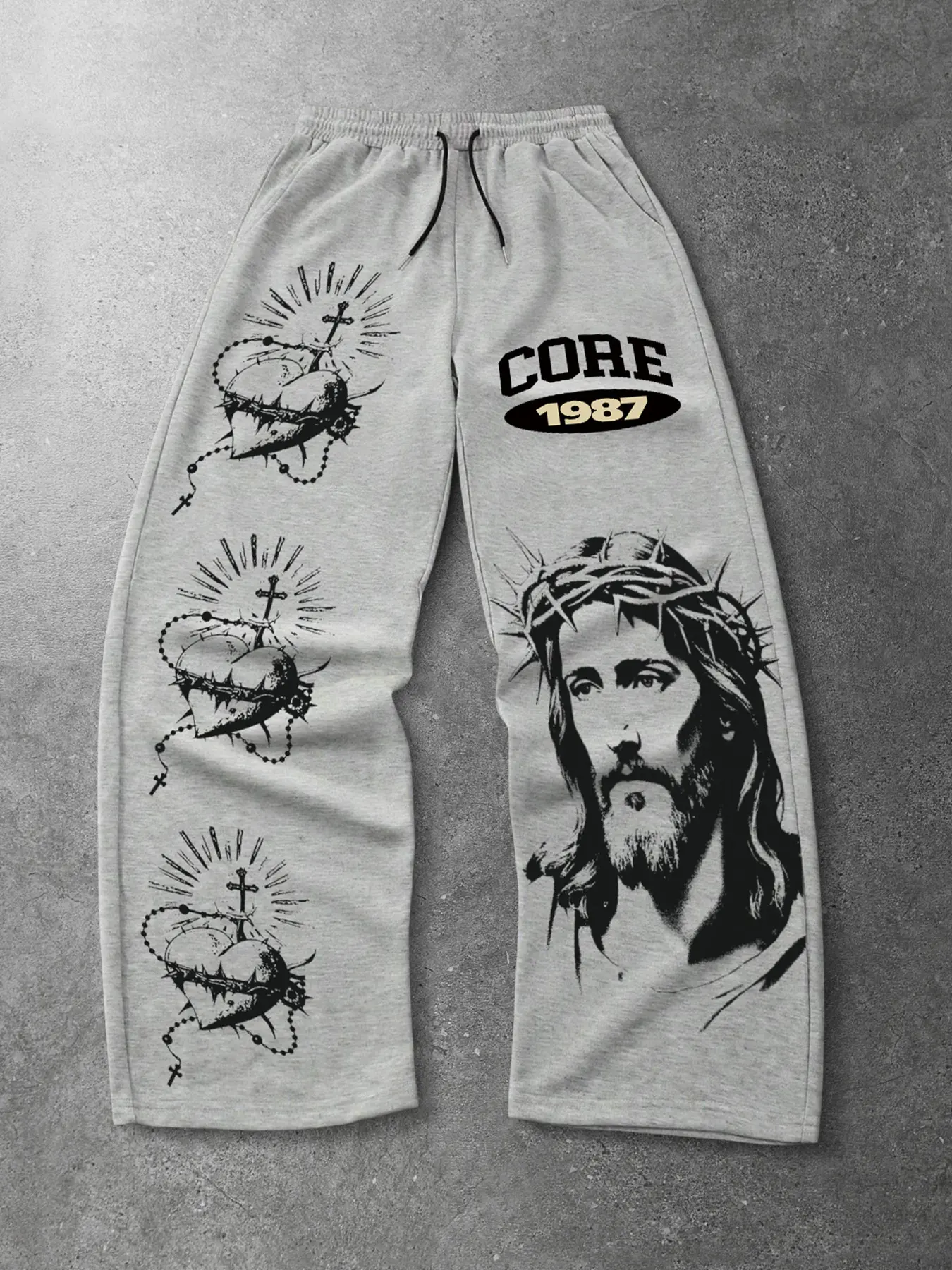 Men's Christian Art Graphic Wide Leg Sweatpants, Y2K Street Style Loose Fit Joggers, Jesus and Sacred Heart Print, Casual Fitted Pants