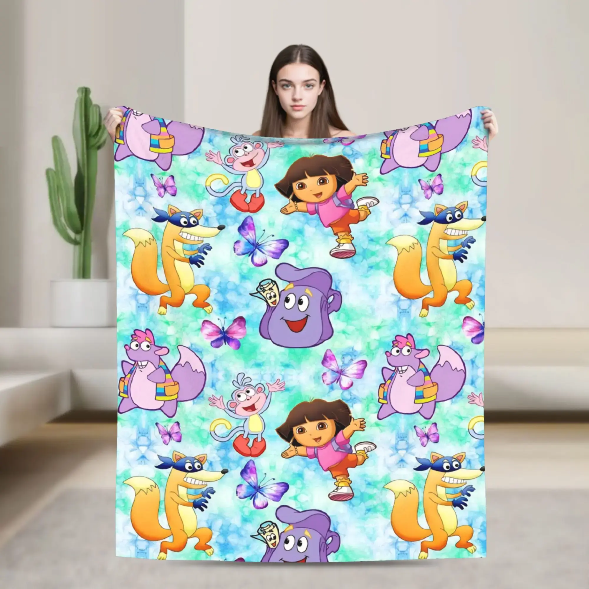 Doras The Explorer Throw Blanket, Airplane Travel Cartoon Flannel Print, Soft Bed Blanket for Kids Room, Playroom Sofa, Reading Chair and Birthday Gift, Cute Adventure Decor for Fans of Classic Character Art, All Season Cozy Gift