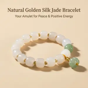 【Loulangems】Natural Golden Silk Jade Bracelet, Handmade Beaded Jewelry with Green Jade Pendant, Your Amulet for Peace & Positive Energy, Spiritual Healing Gift for Women