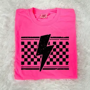 Comfort Colors Trendy Checkered Lightning Bolt Tee, Neon Pink Shirt, Soft Stylish Graphic Tee, Cute Lightning Shirt, Aesthetic Bold T-Shirt