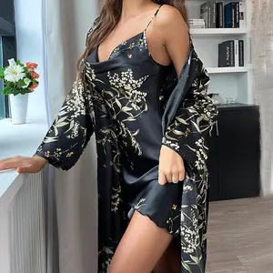 2pcs Women Plus Size Elegant Cherry Print Nightgown and Robe Belted Robe Suit Sleepwear Set Machine Washable Matching Lounge Dress