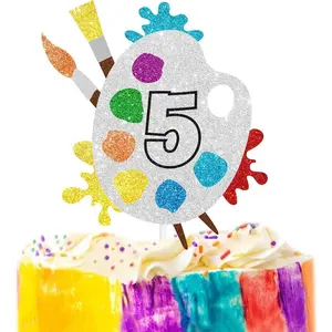 5th Slime Cake Topper - Art Themed Palette Painting Graffi Boy Girl Happy Birthday Party Decorations Supplies - Five Years Old Birthday Cake Decor